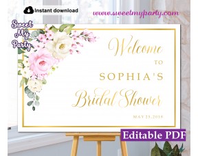 Cream pink roses Bridal Shower welcome sign template,Bridal Shower welcome sign,(135a)